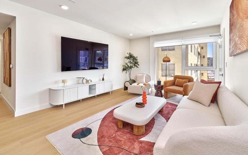 a living room with a white couch and a red rug
